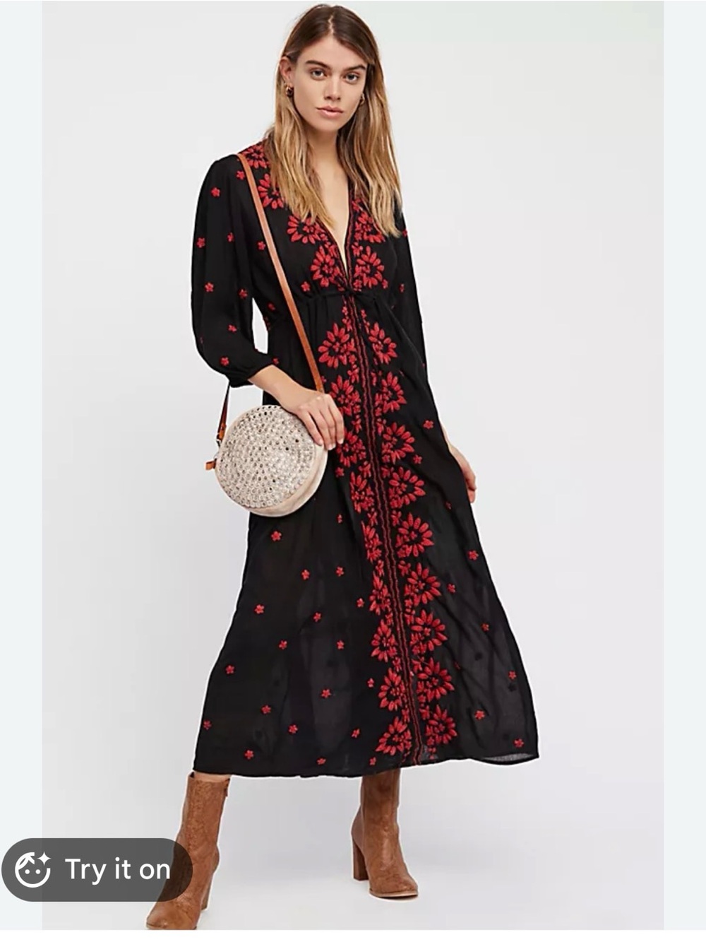 Free People Fable Black Maxi Dress with Red Floral Embroidery Sz S
